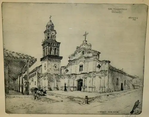 Grafik,Radierung,Ansicht,Kirche San Franzisco, Santa Cruz della Sierra,Bolivien