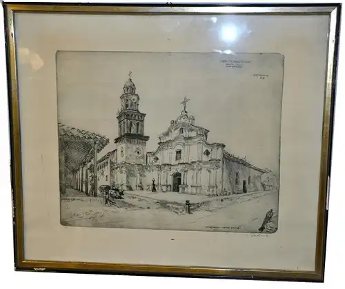 Grafik,Radierung,Ansicht,Kirche San Franzisco, Santa Cruz della Sierra,Bolivien