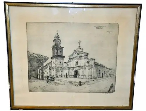 Grafik,Radierung,Ansicht,Kirche San Franzisco, Santa Cruz della Sierra,Bolivien