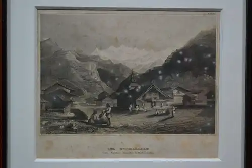 Stahlstich, Himalaya, Sicht vom Flecken Kursalle in Indien, etwa 1800, Baxard