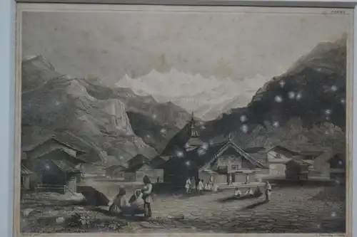 Stahlstich, Himalaya, Sicht vom Flecken Kursalle in Indien, etwa 1800, Baxard