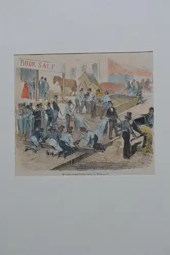 Stahlstich koloriert,Straßenumpflasterung,New York, Illustrierte Zeitung,19.Jhdt