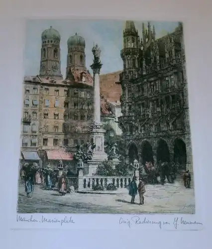 Col.Radierung,München,Marienplatz von  J.Neumann,um 1900