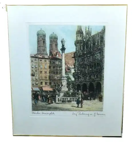 Col.Radierung,München,Marienplatz von  J.Neumann,um 1900