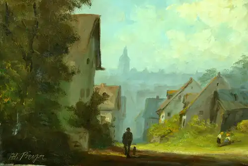 Ölbild auf Leinwand,Dorfstrasse mit Durchblick auf eine Stadt ,Sign. : H.Berger