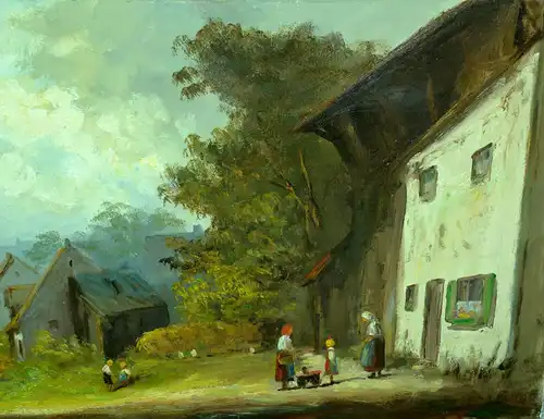Ölbild auf Leinwand,Dorfstrasse mit Durchblick auf eine Stadt ,Sign. : H.Berger