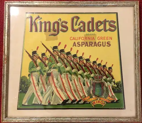 Col. Lithographie „CALIFORNIA GREEN ASPARAGUS - King's Cadets Brand“, gerahmt