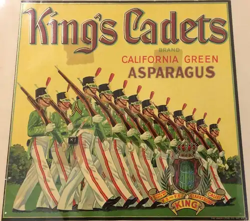 Col. Lithographie „CALIFORNIA GREEN ASPARAGUS - King's Cadets Brand“, gerahmt