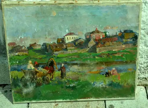 Ölbild auf Leinwand, ungarische Landschaft mit Staffage,unrestauriert,ungerahmt