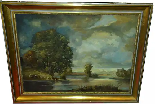 Gemälde,Öl a.Holzplatte,Landschaft mit Gewässer,wohl um 1900, gerahmt, signiert