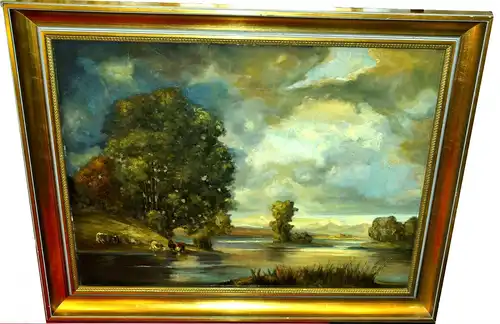 Gemälde,Öl a.Holzplatte,Landschaft mit Gewässer,wohl um 1900, gerahmt, signiert