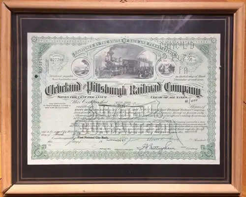 Originalaktie d. „Cleveland and Pittsburg Railroad Company“ gerahmt, hinter Glas
