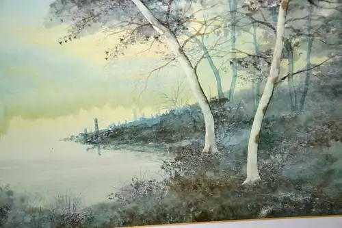 Aquarell,Landschaft mit Birken,unter Passepartout,gerahmt,unleserich signiert