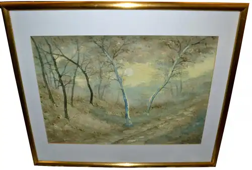 Aquarell,Landschaft mit Birken,unter Passepartout,gerahmt,signiert