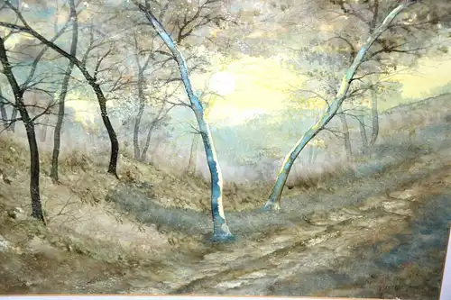Aquarell,Landschaft mit Birken,unter Passepartout,gerahmt,signiert