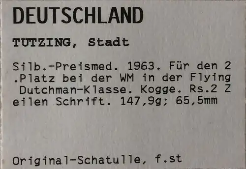 2.Preis Segeln, FD,  Klasse FLYING DUTCHMAN WM 1963 in TUTZING, 147gr Silber