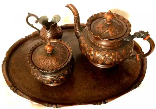 Sechsteiliges Teeservice aus Kupfer, ohne Marke, wohl Deutschland, ca. 1900