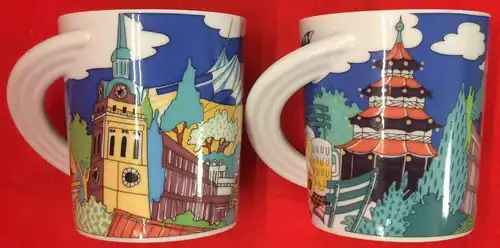 Zwei Kaffeetassen von Brigitte Doege, Rosenthal, Münchner Motive für Fa. Thüga