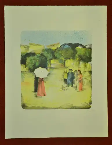 Lithografie,10/100,unleserlich sign.,1975,Dorf mit Personen ,Frankreich