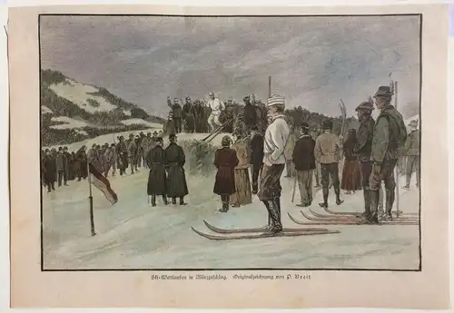 Colorierter Holzstich „Ski-Wettlaufen in Mürzzuschlag“, im Passepartout