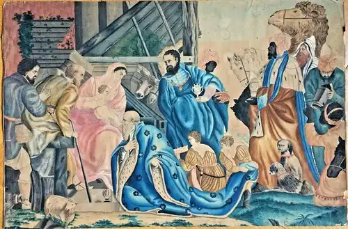 Original-Aquarell Anbetung des neugeborenen Jesus Christus