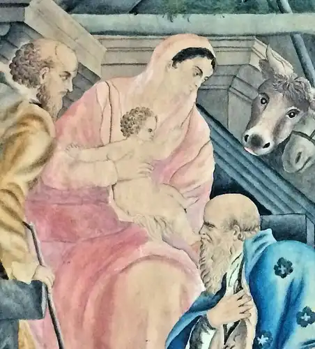 Original-Aquarell Anbetung des neugeborenen Jesus Christus