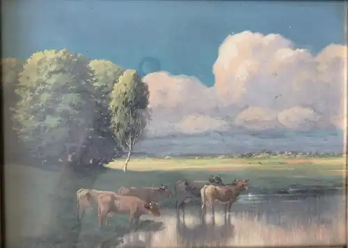 Tempera-Gemälde Kuhherde an Gewässer von Heinrich Glückswerth, signiert, gerahmt