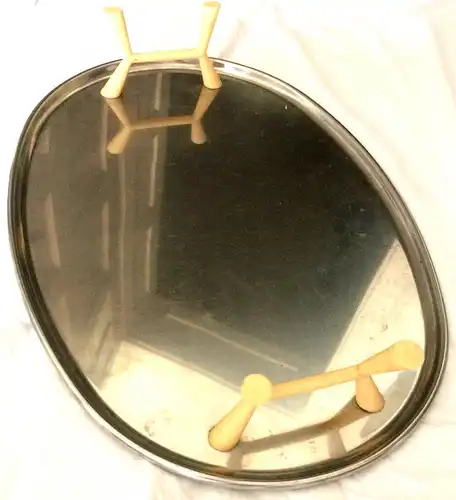 ALESSI - Großes ovales Tablett aus Edelstahl mit Holzgriffen