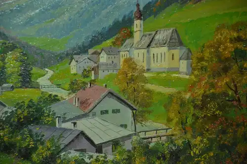 Gemälde, Öl auf Platte, Gebirgsdorf mit Kirche ,dekorativer Rahmen,sign. Faust