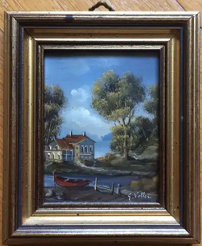 Kleines Ölbild „Haus am See mit Boot“, signiert „E. Voller“, gerahmt
