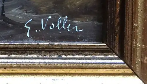 Kleines Ölbild „Haus am See mit Boot“, signiert „E. Voller“, gerahmt