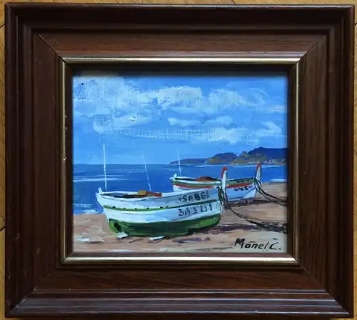 Ölbild „Zwei Boote am Strand“, signiert „Manel C“, gerahmt