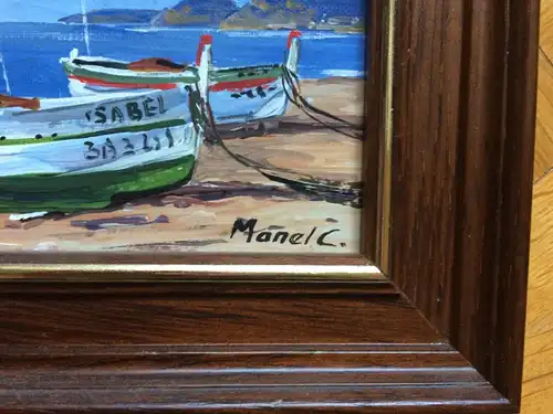 Ölbild „Zwei Boote am Strand“, signiert „Manel C“, gerahmt