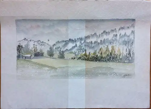 Aquarell Gebirgslandschaft mit Berghütten, signiert Yolaine (?), ungerahmt