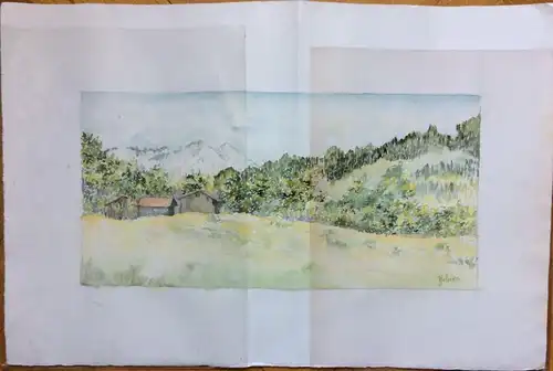 Aquarell Gebirgslandschaft mit Berghütten, signiert Yolaine (?), ungerahmt