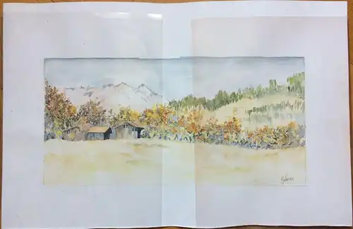 Aquarell Gebirgslandschaft mit Berghütten, signiert Yolaine (?), ungerahmt