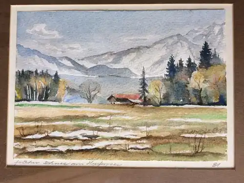 Aquarell „früher Schnee am Hopfensee“, monogrammiert, gerahmt hinter Glas