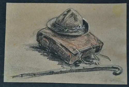 Bleistift-Buntstift-zeichnung,Hans Stadelmann,Tornister,Wanderstock und Hut