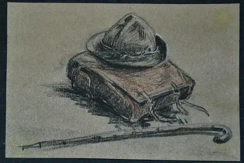 Bleistift-Buntstift-zeichnung,Hans Stadelmann,Tornister,Wanderstock und Hut