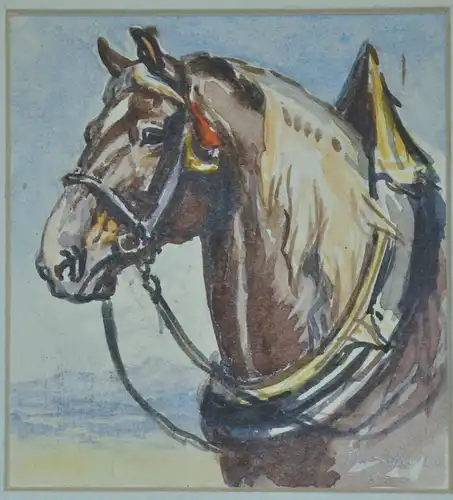 Zeichnung,Aquarell,Ackergaul mit Geschirr,sign. Th.Kanur ?? 1947