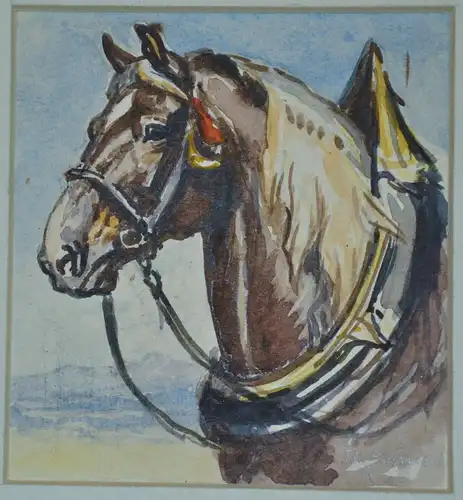 Zeichnung,Aquarell,Ackergaul mit Geschirr,sign. Th.Kanur ?? 1947