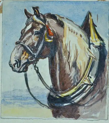 Zeichnung,Aquarell,Ackergaul mit Geschirr,sign. Th.Kanur ?? 1947