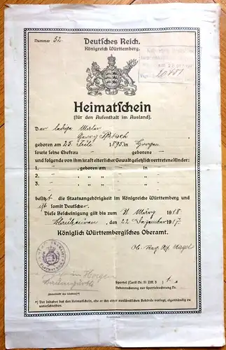 Heimatschein des Königreichs Württemberg für Aufenthalt im Ausland 1917