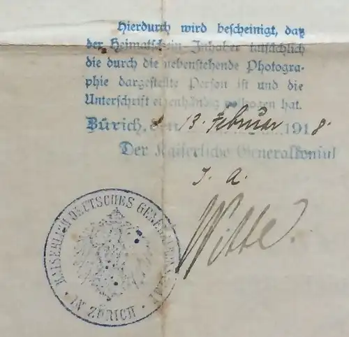 Heimatschein des Königreichs Württemberg für Aufenthalt im Ausland 1917