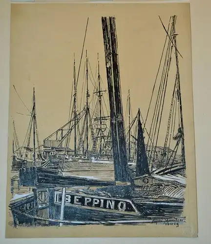 Zeichnung,Tusche , Ansicht eines Hafens (Venedig?)Sign.Alfred Schweitzer