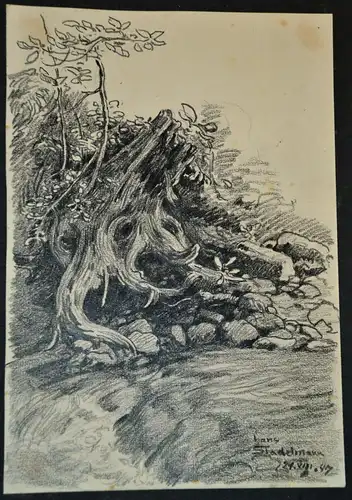 Bleistiftzeichnung,Hans Stadelmann,1947,Bachlauf mit entwurzeltem Baumstumpf