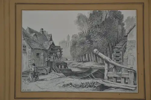 Tuschezeichnung, Mühle mit Hammerschmiede,sign. A.K.1834