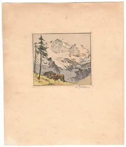 Kleine Farb-Lithographie mit Gebirgslandschaft, handsigniert