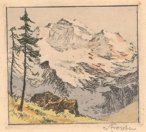 Kleine Farb-Lithographie mit Gebirgslandschaft, handsigniert