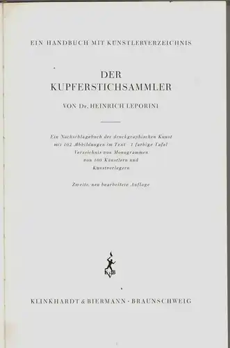 Heinrich Leporini: DER KUPFERSTICHSAMMLER mit Schutzumschlag